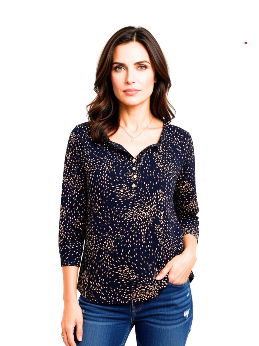 Ann Klein Women's Black & Beige Animal Print Abstract Dot Henley Top